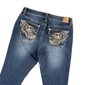 Love‎ Indigo Y2K Bootcut Jeans Embellished Pockets Blue Denim Women's 14 (30x24)